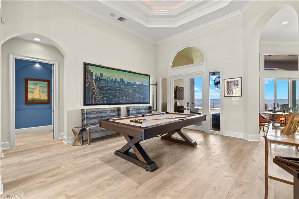 Billiard Table, Game Room, Interior, Recessed Lighting, Water, Wood Texture Flooring