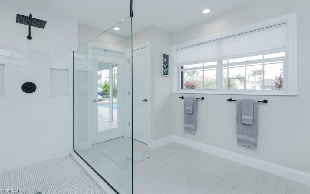 Bathroom, Glass Shower, Interior, Recessed Lighting, Wood Texture Flooring