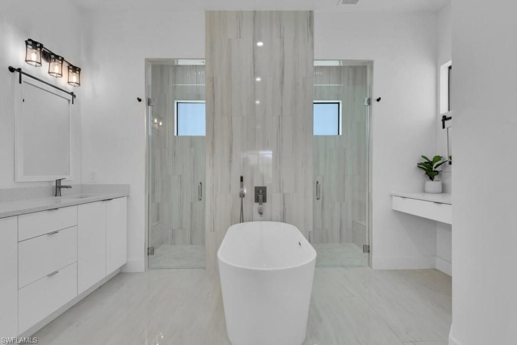 Bathroom, Free Standing Baths, Glass Shower, Interior, Marble, Marble Walls