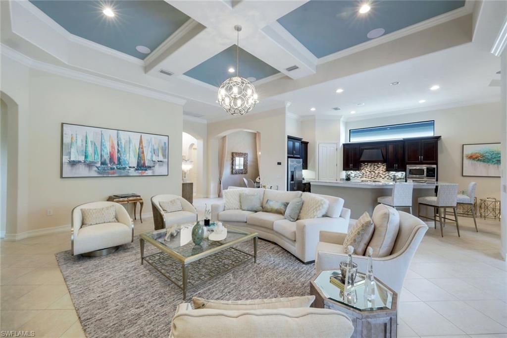 Chandelier, Dining room, Interior, Kitchen, Living room, Pendant Lights, Recessed Lighting, Stainless Steel Appliances