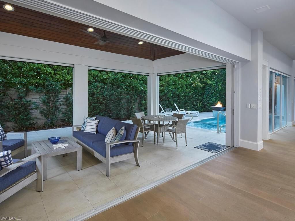 Dining room, Interior, Pool, Recessed Lighting, Wooden Ceilings, Wood Texture Flooring