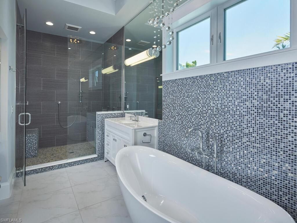 Bathroom, Free Standing Baths, Glass Shower, Interior, Marble, Recessed Lighting