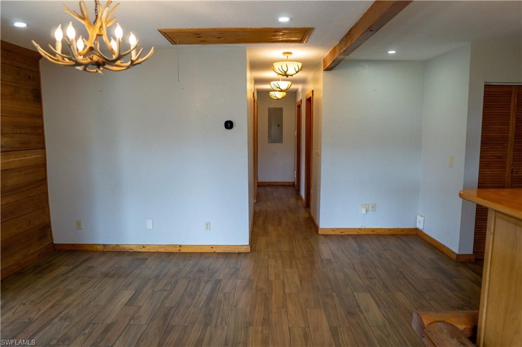 Chandelier, Empty room, Interior, Recessed Lighting, Wood Texture Flooring