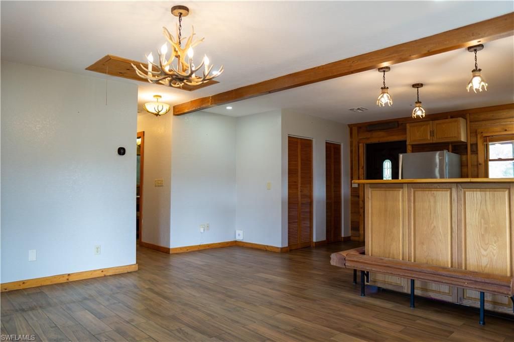 Chandelier, Empty room, Interior, Pendant Lights, Recessed Lighting, Wood Texture Flooring