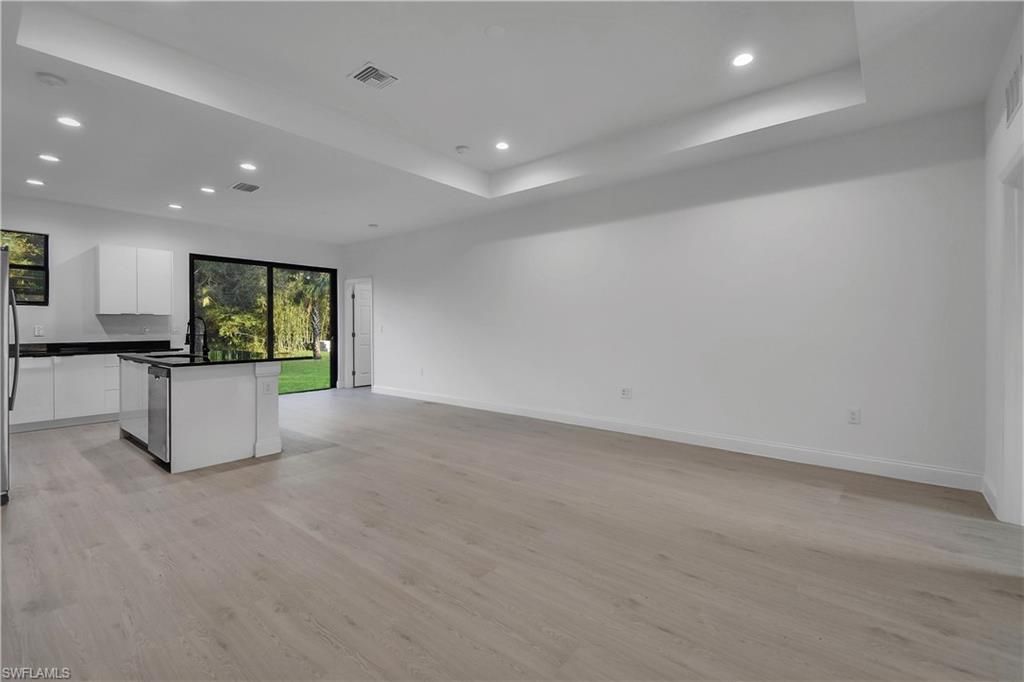 Empty room, Interior, Kitchen, Recessed Lighting, Wood Texture Flooring