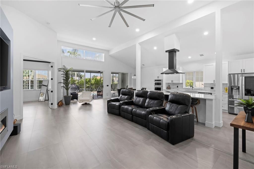 Fireplace, Interior, Kitchen, Living room, Recessed Lighting, Stainless Steel Appliances