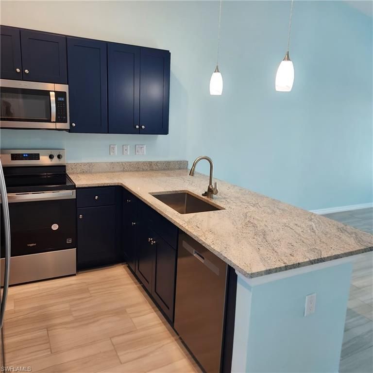 Interior, Kitchen, Pendant Lights, Stainless Steel Appliances, Wood Texture Flooring