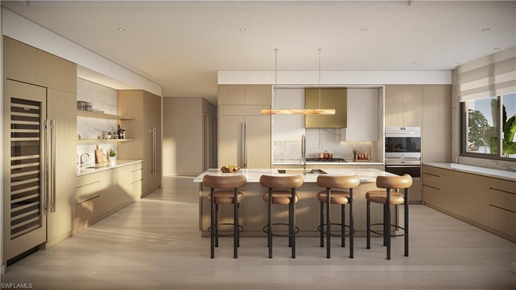 Interior, Kitchen, Marble Walls, Pendant Lights, Recessed Lighting, Stainless Steel Appliances, Wood Texture Flooring