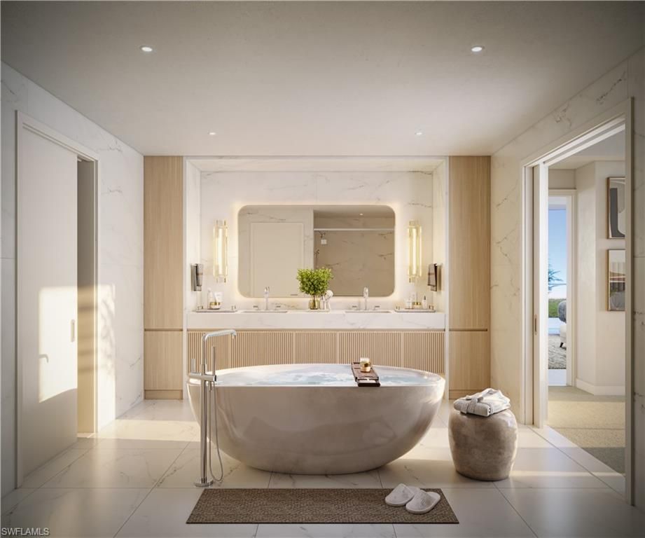 Bathroom, Free Standing Baths, Interior, Marble, Marble Walls, Recessed Lighting