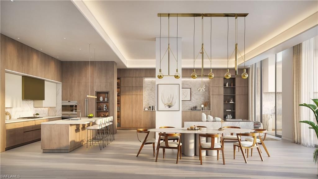 Dining room, Interior, Kitchen, Pendant Lights, Recessed Lighting, Wood Texture Flooring