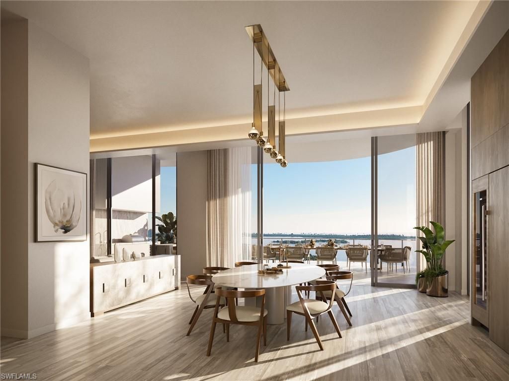 Dining room, Interior, Pendant Lights, Water, Wood Texture Flooring