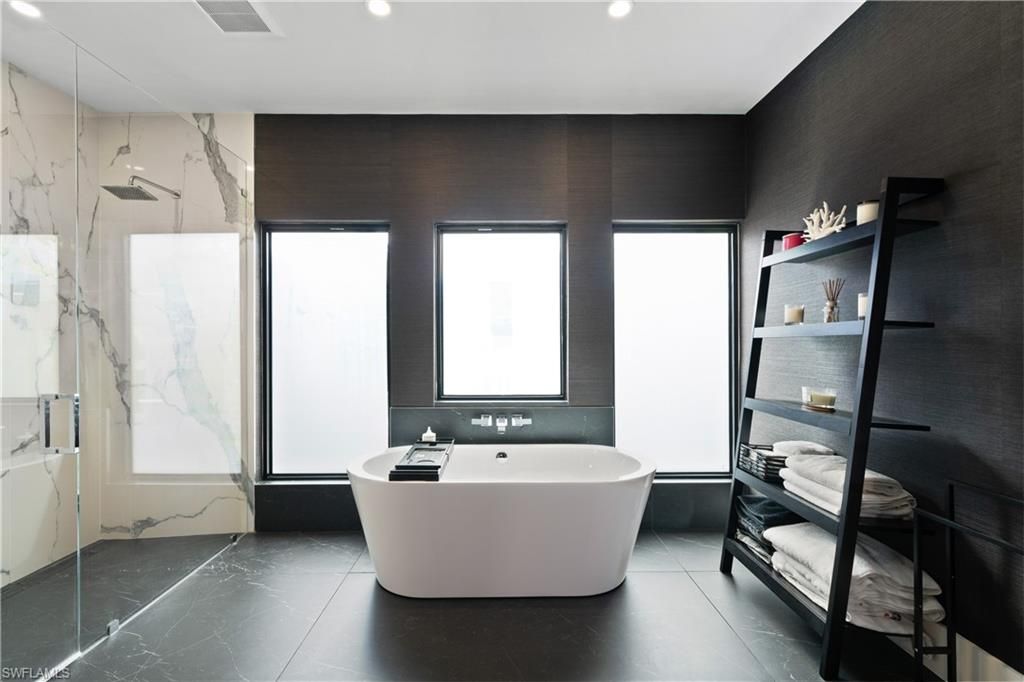 Bathroom, Free Standing Baths, Interior, Marble, Marble Walls, Recessed Lighting