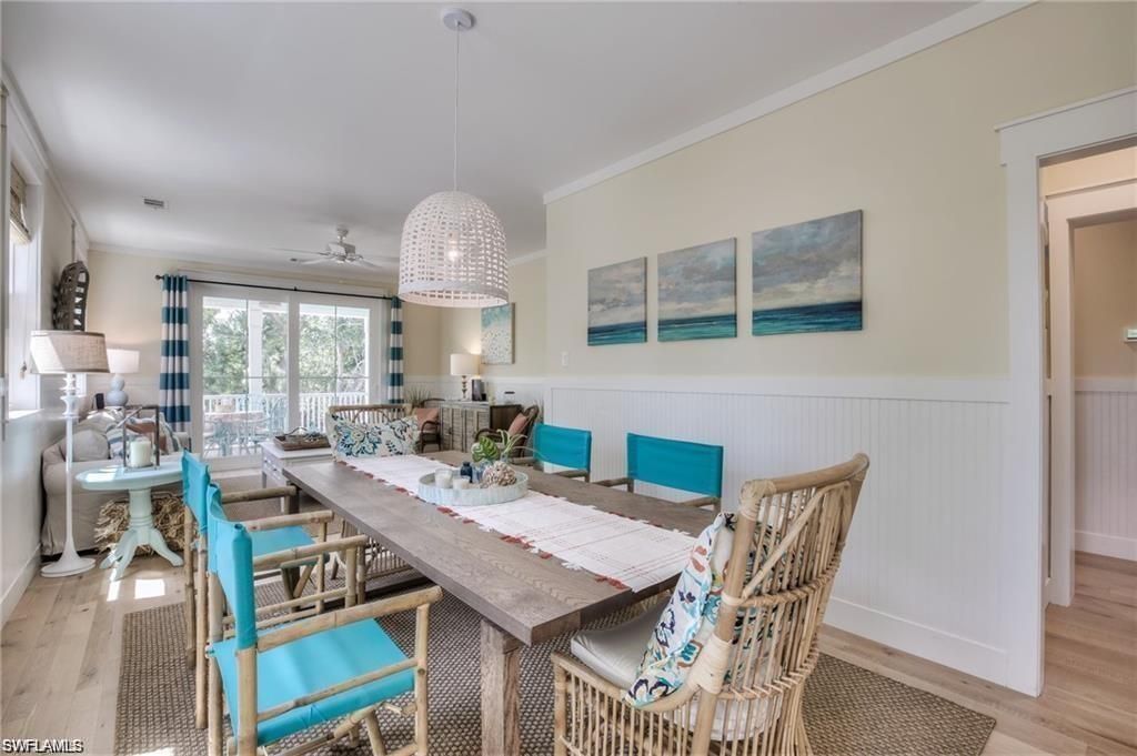 Dining room, Interior, Pendant Lights, Wood Texture Flooring