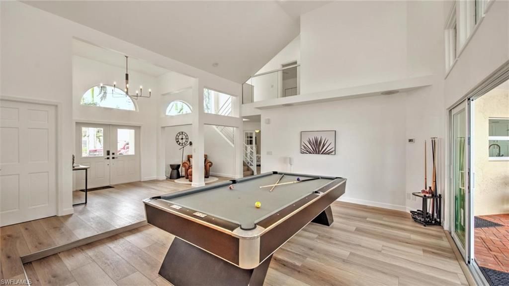 Billiard Table, Game Room, Interior, Pendant Lights, Wood Texture Flooring
