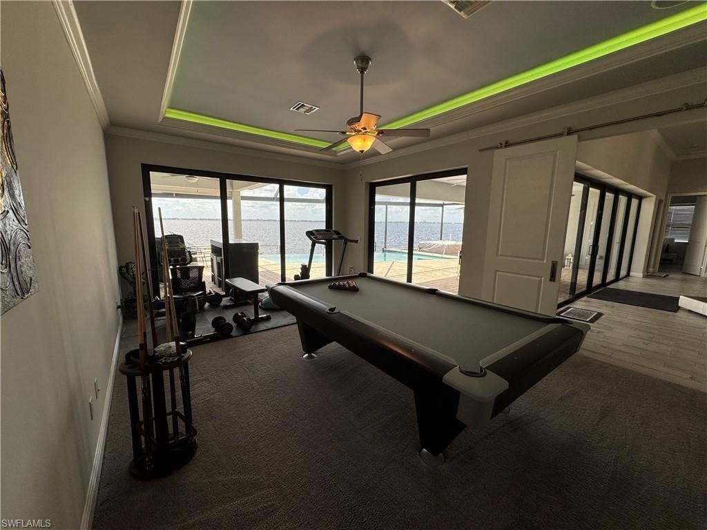 Billiard Table, Fitness Equipment, Game Room, Interior, Water, Wood Texture Flooring