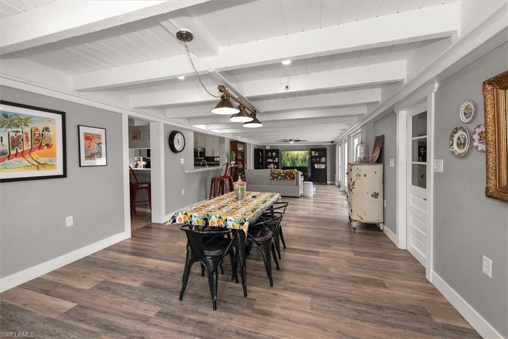 Dining room, Interior, Pendant Lights, Wood Texture Flooring