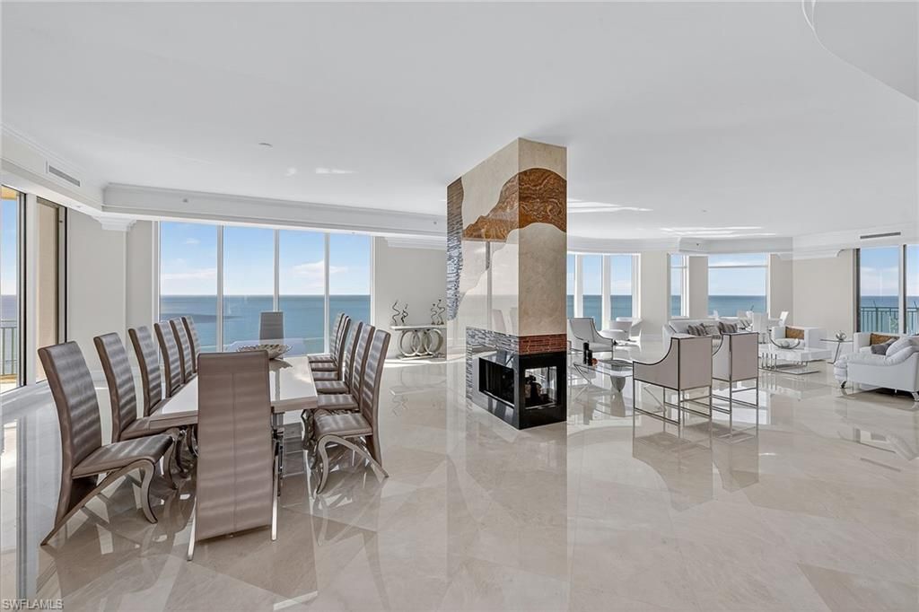 Dining room, Fireplace, Interior, Living room, Recessed Lighting, Water