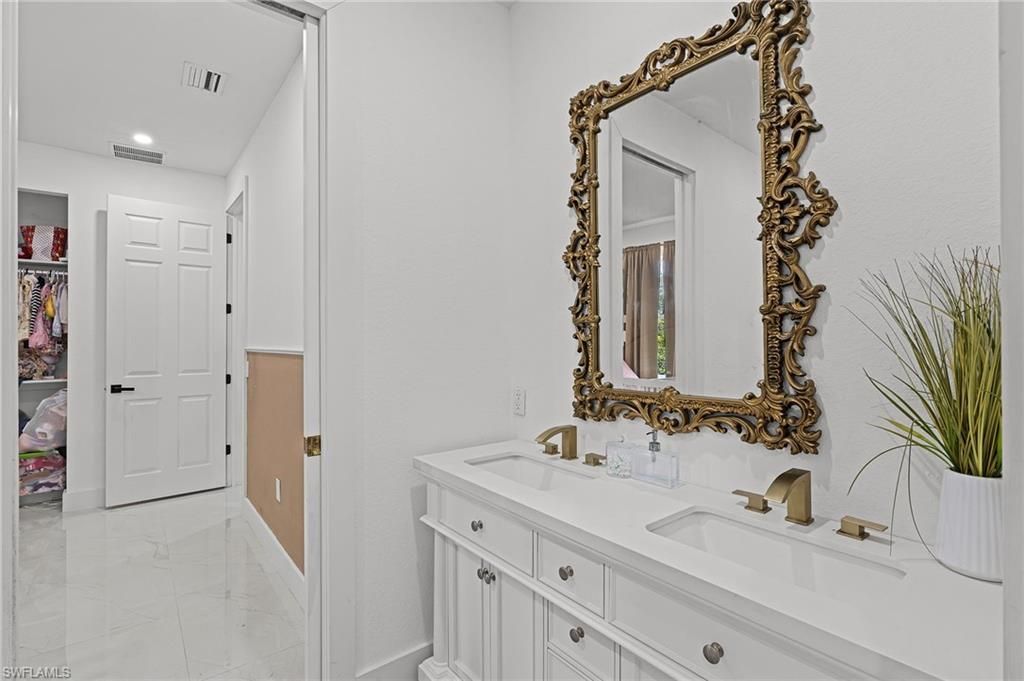 Bathroom, Dual Sink Vanities, Interior, Marble, Recessed Lighting