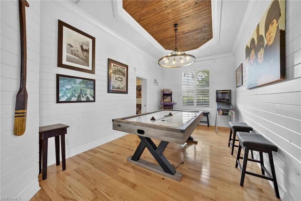 Billiard Table, Game Room, Interior, Pendant Lights, Wooden Ceilings, Wood Texture Flooring