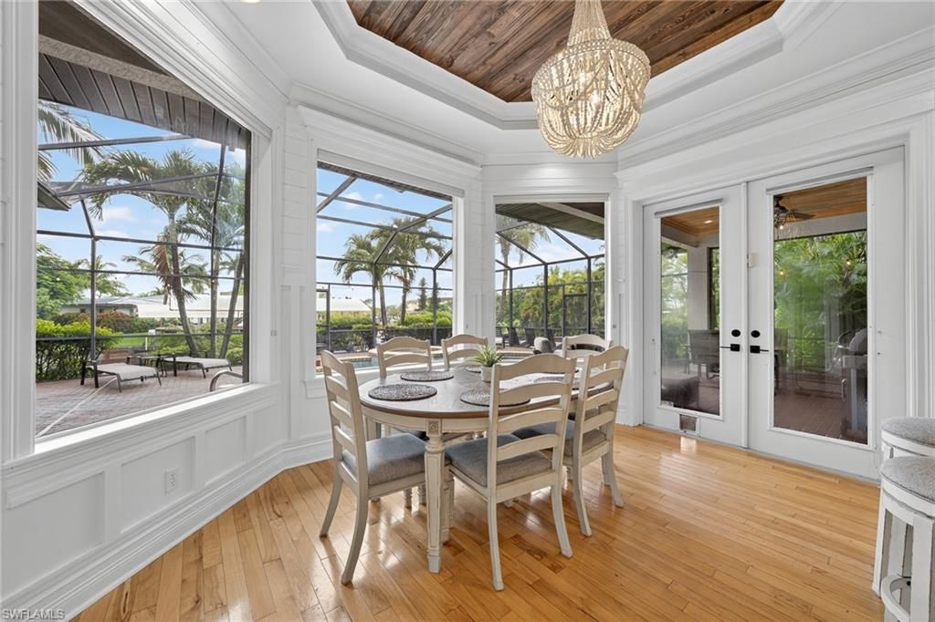 Chandelier, Dining room, Glass Ceilings, Interior, Sun Room, Wooden Ceilings, Wood Texture Flooring