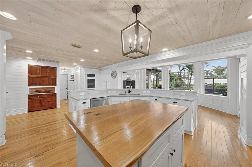Interior, Kitchen, Pendant Lights, Recessed Lighting, Wooden Ceilings, Wood Texture Flooring