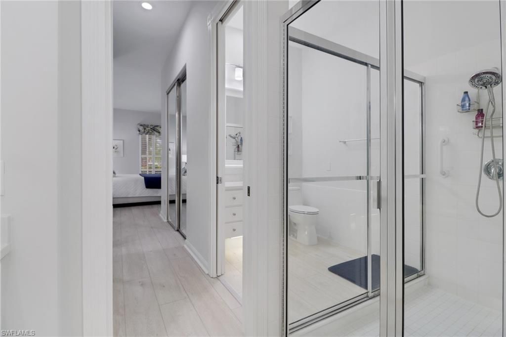 Bathroom, Bedroom, Glass Shower, Interior, Recessed Lighting, Wood Texture Flooring