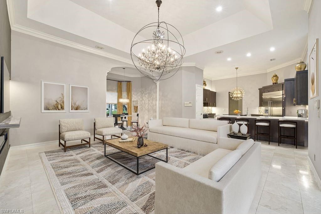 Chandelier, Interior, Kitchen, Living room, Pendant Lights, Recessed Lighting, Stainless Steel Appliances