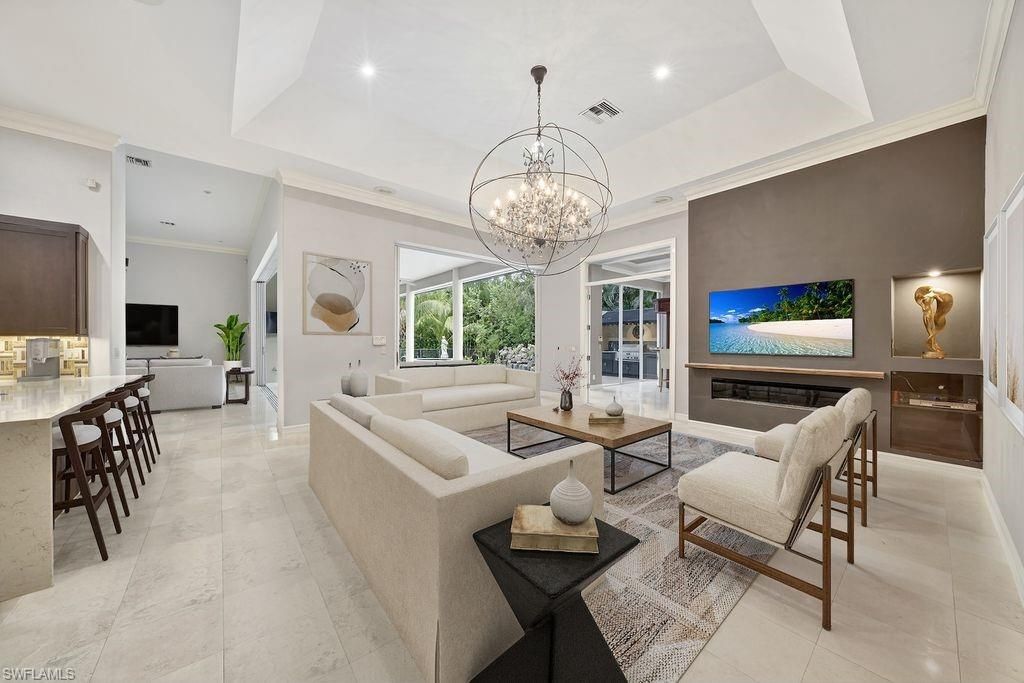 Chandelier, Fireplace, Interior, Living room, Recessed Lighting