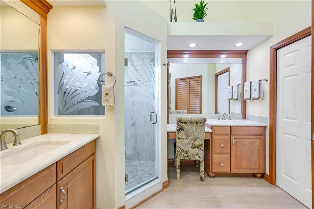Bathroom, Dual Sink Vanities, Glass Shower, Interior, Recessed Lighting