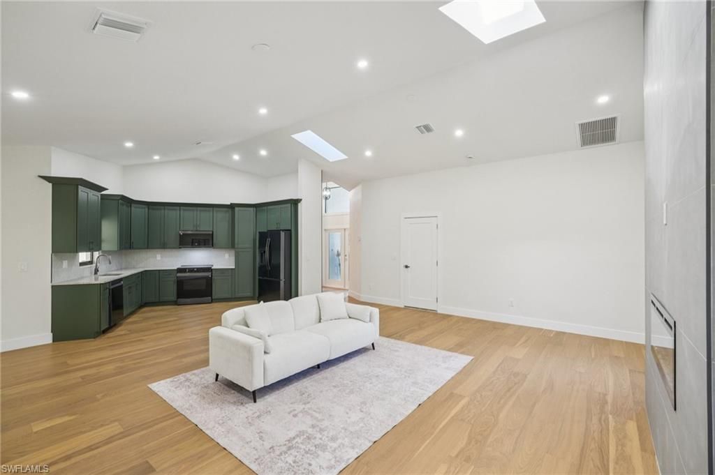 Interior, Kitchen, Living room, Recessed Lighting, Stainless Steel Appliances, Wood Texture Flooring