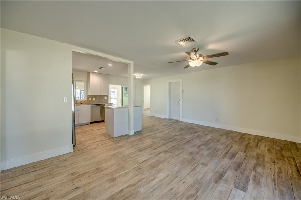 Empty room, Interior, Kitchen, Recessed Lighting, Wood Texture Flooring