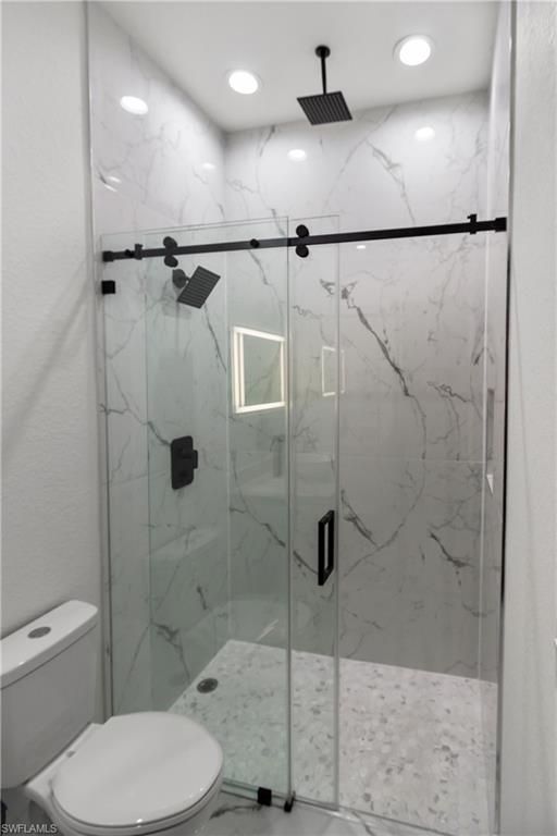 Bathroom, Glass Shower, Interior, Marble Walls, Recessed Lighting