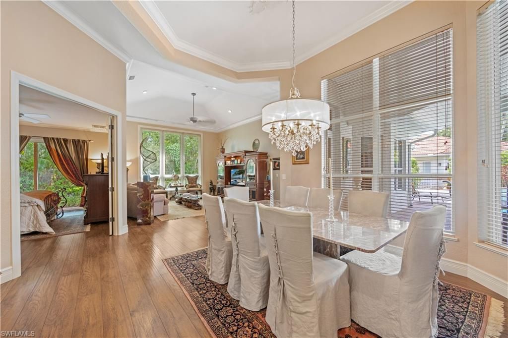 Chandelier, Dining room, Interior, Living room, Recessed Lighting, Wood Texture Flooring