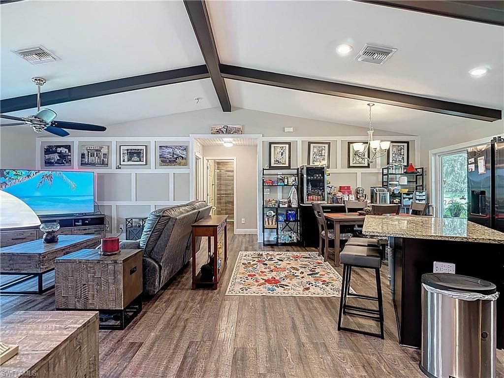 Dining room, Interior, Living room, Pendant Lights, Recessed Lighting, Wood Texture Flooring