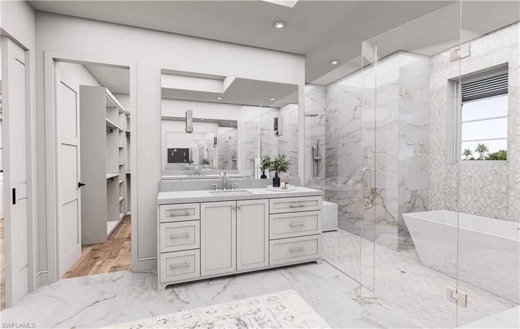 Bathroom, Dual Sink Vanities, Free Standing Baths, Glass Shower, Interior, Marble, Marble Walls, Recessed Lighting, Wood Texture Flooring