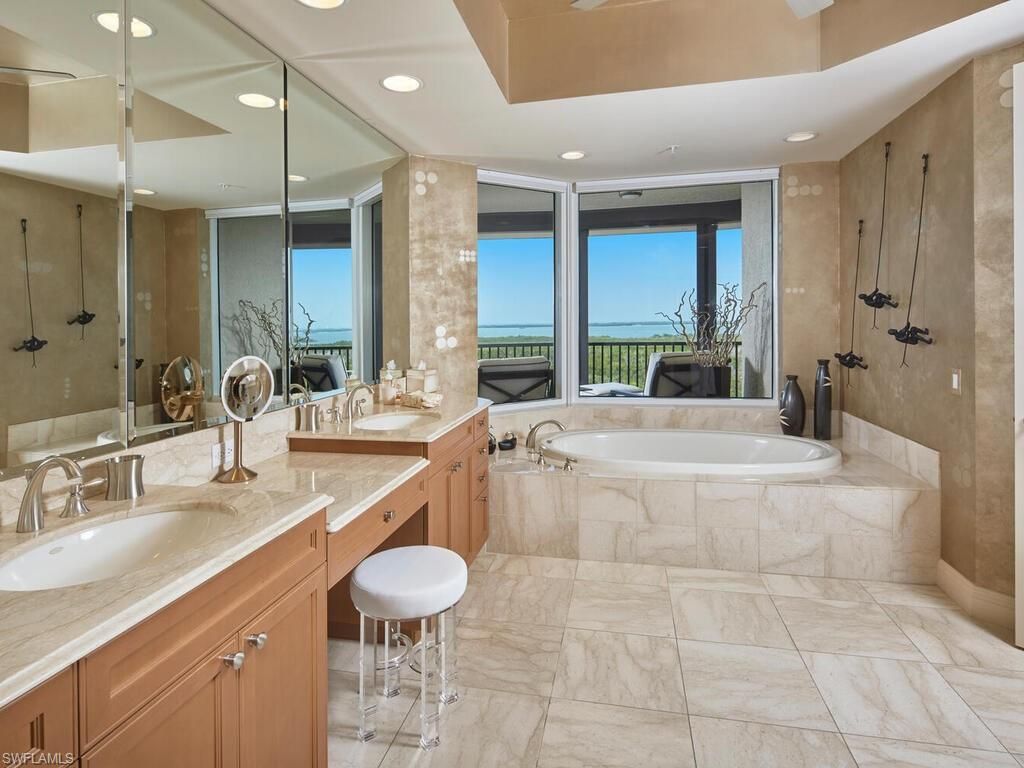 Bathroom, Dual Sink Vanities, Interior, Marble, Recessed Lighting, Water