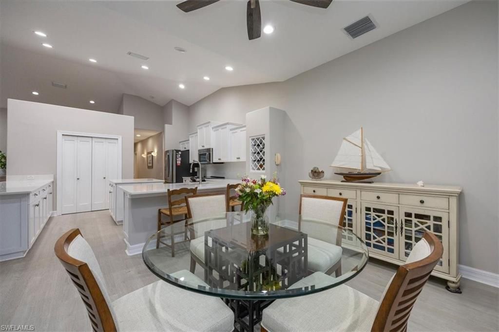 Dining room, Interior, Kitchen, Recessed Lighting, Wood Texture Flooring