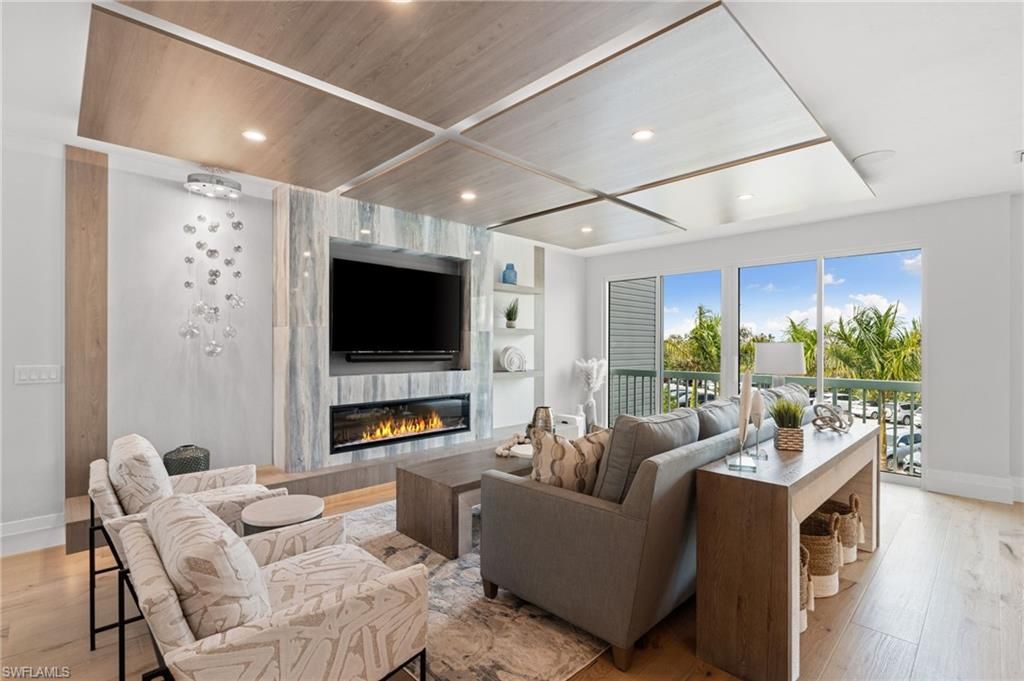 Fireplace, Interior, Living room, Recessed Lighting, Wooden Ceilings, Wood Texture Flooring