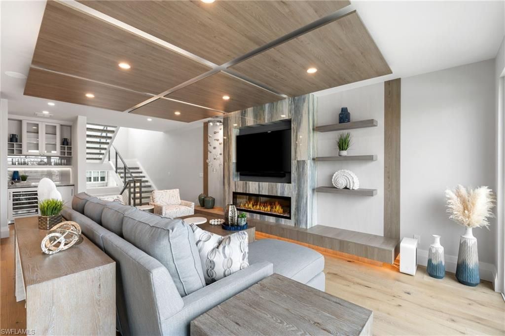 Fireplace, Interior, Living room, Recessed Lighting, Wooden Ceilings, Wood Texture Flooring