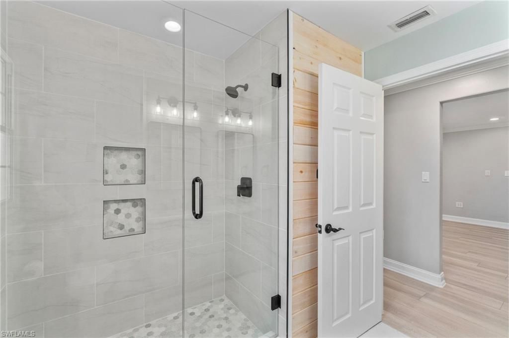 Bathroom, Glass Shower, Interior, Recessed Lighting, Wood Texture Flooring
