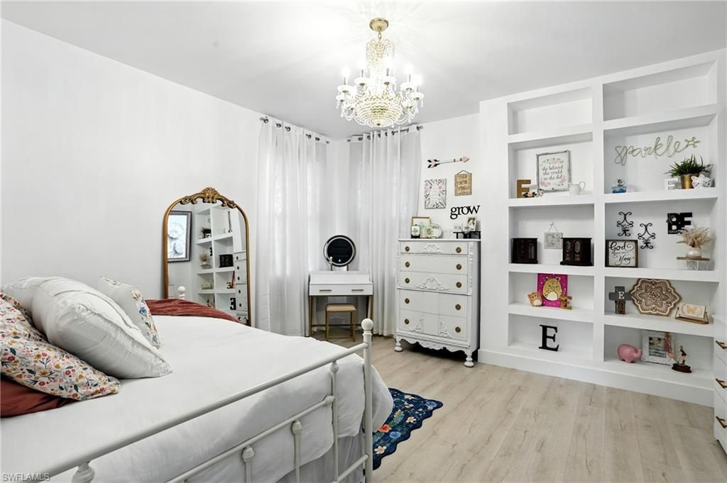 Bedroom, Chandelier, Interior, Wood Texture Flooring
