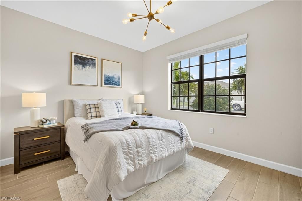 Bedroom, Interior, Pendant Lights, Wood Texture Flooring
