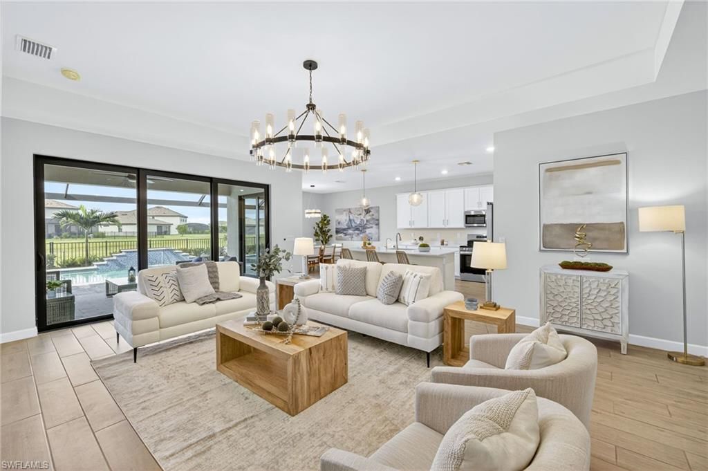 Chandelier, Interior, Kitchen, Living room, Pendant Lights, Recessed Lighting, Wood Texture Flooring