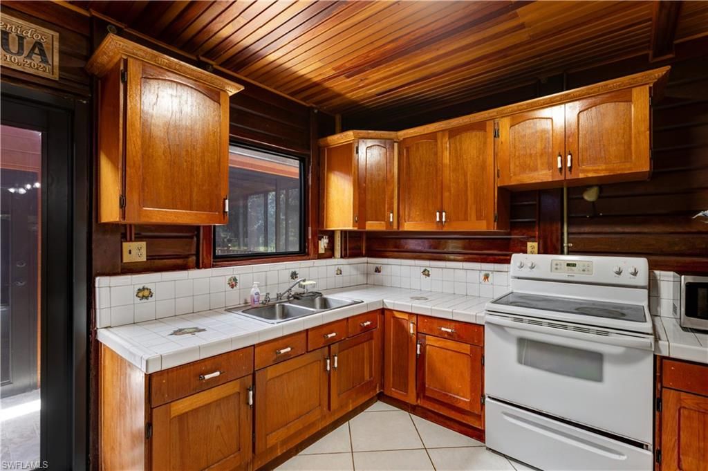 Interior, Kitchen, Tile Countertops, Wooden Ceilings