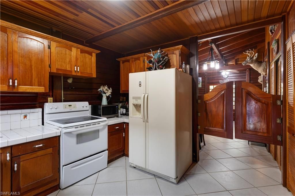 Interior, Kitchen, Tile Countertops, Wooden Ceilings