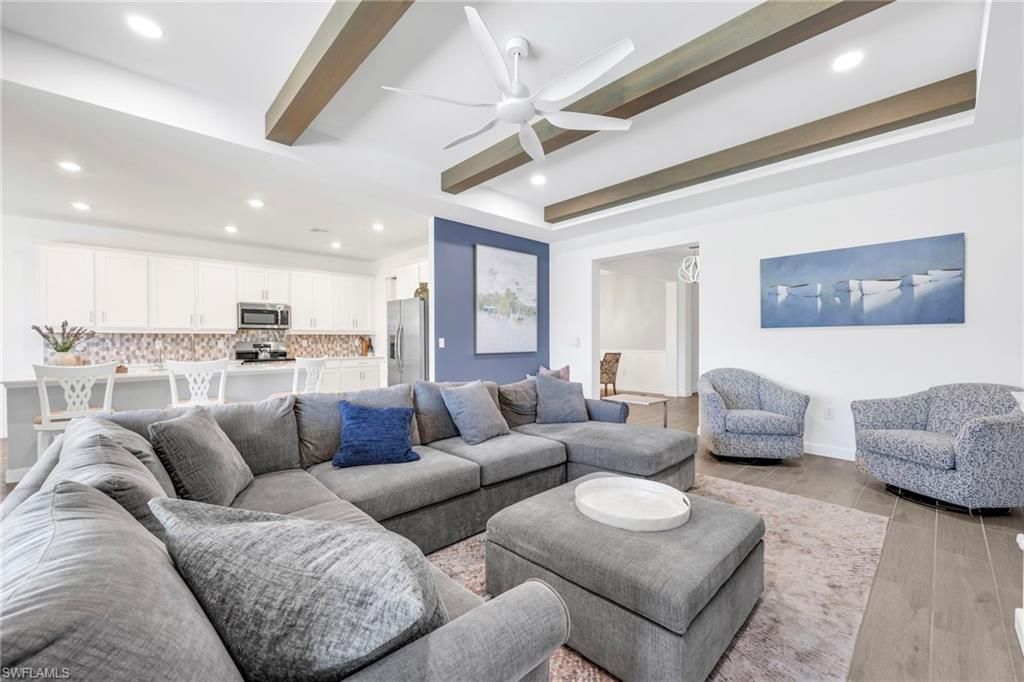 Interior, Kitchen, Living room, Recessed Lighting, Stainless Steel Appliances, Wood Texture Flooring