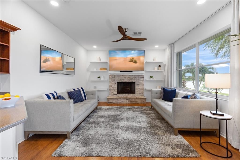 Fireplace, Interior, Living room, Recessed Lighting, Wood Texture Flooring