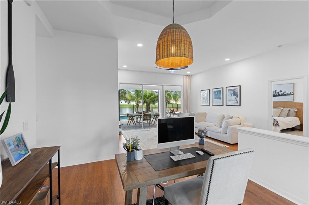 Bedroom, Dining room, Interior, Living room, Pendant Lights, Recessed Lighting, Wood Texture Flooring