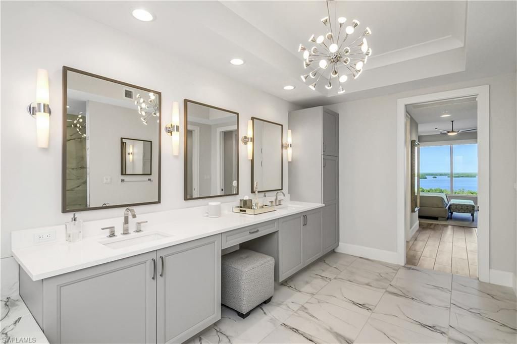 Bathroom, Dual Sink Vanities, Interior, Marble, Pendant Lights, Recessed Lighting, Water