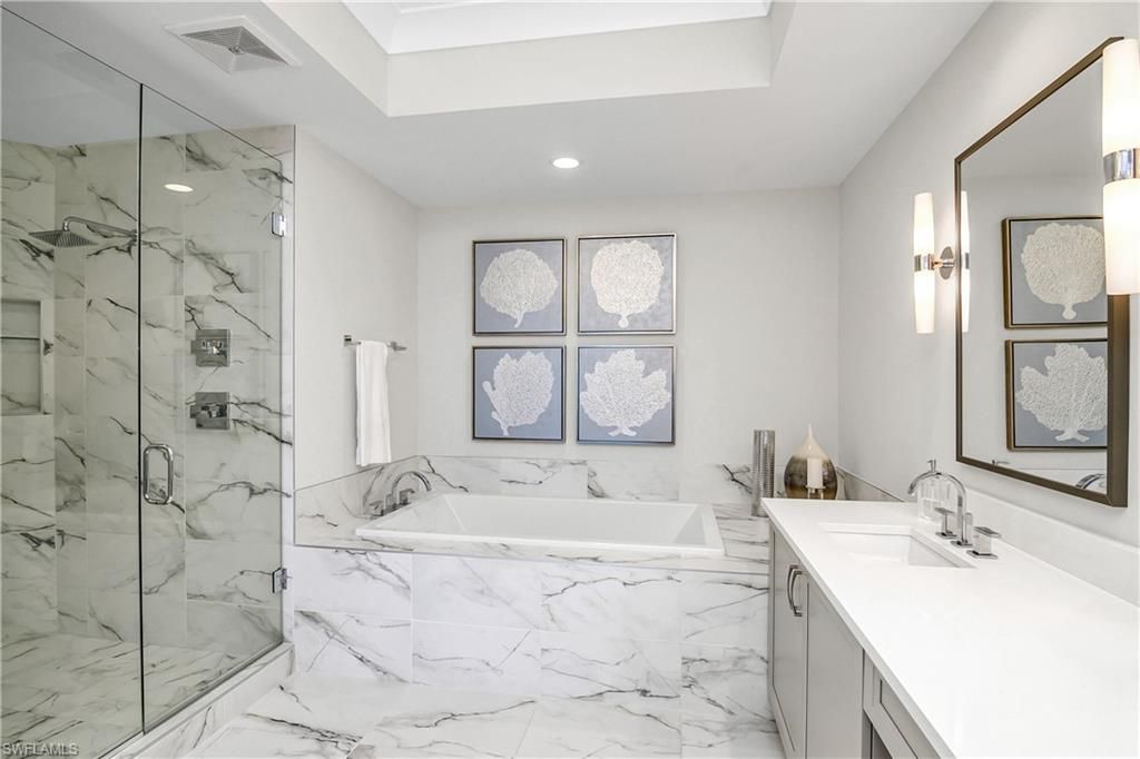 Bathroom, Glass Shower, Interior, Marble, Marble Walls, Recessed Lighting